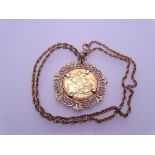 VICTORIA FULL GOLD SOVEREIGN, 1900 in a pierced 9ct gold mount and necklace, 19grms gross