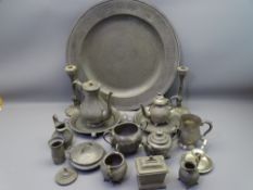 PEWTER CHARGER, pair of candlesticks and other pewter tableware, 55.5cms diameter, London touch