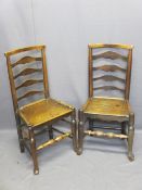 TWO ANTIQUE ASH/ELM LADDERBACK FARMHOUSE CHAIRS, a near pair with shaped front frieze, on turned