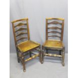 TWO ANTIQUE ASH/ELM LADDERBACK FARMHOUSE CHAIRS, a near pair with shaped front frieze, on turned