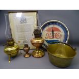 VINTAGE BRASS & COPPER LAMPS, iron handled preserve pan, Pepsi Cola advertising clock and a 1904