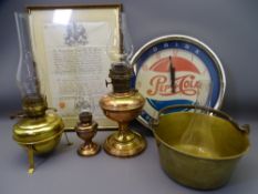 VINTAGE BRASS & COPPER LAMPS, iron handled preserve pan, Pepsi Cola advertising clock and a 1904