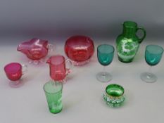 VINTAGE CRANBERRY & GREEN GLASSWARE including a jug and beaker decorated with stags, Mary Gregory