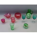 VINTAGE CRANBERRY & GREEN GLASSWARE including a jug and beaker decorated with stags, Mary Gregory