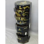 JAPANESE OCTAGONAL CHEST of eight drawers in black lacquer with gilt painted decorated and shibayama