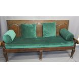 ANTIQUE OAK OPEN ARM BENCH having five shaped panel back with upholstered loose seat pad and pad