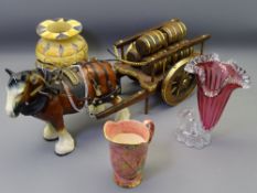 SHIRE HORSE & CART, Cranberry Cornucopia vase, lustre jug and a stoneware vase with Egyptian type