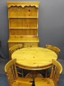 REPRODUCTION PINE DINING ROOM SET of neat dresser, 192.5cms H, 92cms W, 46.5cms D, circular top