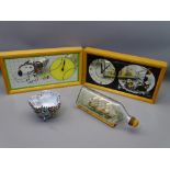 SHIP IN BOTTLE, mottled glass frilly edged bowl and two collectable mirrored wall clocks depicting