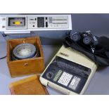 GIMBALL COMPASS in a teak box, a Toshiba tape deck, Practica Super Zoom binoculars and an old adding