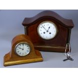 CLOCKS - two mantel clocks with enamel dials, the tallest 26.5cms tall