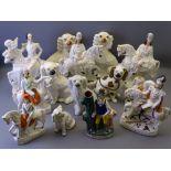 STAFFORDSHIRE FLATBACK FIGURINES and seated Comforter Spaniels, a mixed quantity
