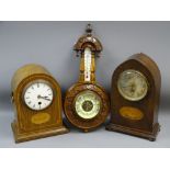 VICTORIAN WALNUT BANJO BAROMETER and two Edwardian mantel clocks
