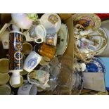 COMMEMORATIVE GLASSWARE, china ornamental shoes, boxed Wedgwood plates ETC (2 boxes)