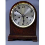 CLOCKS - dome topped eight day mantel clock with silvered dial, 30cms tall