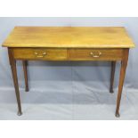 ANTIQUE STYLE MAHOGANY TWO DRAWER HALL TABLE on pad foot turned supports, 76cms H, 109.5cms W, 50cms