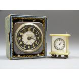 MINIATURE MOTHER OF PEARL CARRIAGE CLOCK and a boxed vintage bedroom alarm clock 'The Inventic',
