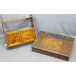 ANTIQUE MAHOGANY LAP DESK and a mahogany two door wall cabinet display shelf, 18cms H, 68.5cms W,