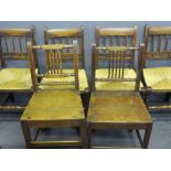 SIX ANTIQUE OAK & ELM DINING CHAIRS including a set of four rush seated examples with bobble and