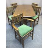 REPRODUCTION OAK REFECTORY TABLE & FIVE (4 + 1) ERCOL SPLATBACK DINING CHAIRS, 72cms H, 150cms L,