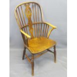 ANTIQUE ELM WINDSOR ELBOW CHAIR hoop and stickback with wheel splat on turned supports and