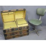 VINTAGE SWIVEL OFFICE CHAIR and a dome top wooden banded trunk with fitted interior compartments and