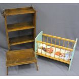 NEAT VINTAGE OAK OPEN BOOKCASE, toy cot and a folding bed tray, 95cms H, 55.5cms W, 18cms D the