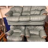 MODERN GREEN SOFT LEATHER EFFECT THREE PIECE LOUNGE SUITE comprising three seater settee, 88cms H,