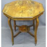 CIRCA 1900 INLAID WALNUT OCTAGONAL TWO-TIER TABLE on shaped supports, 71.5cms H, 72 x 72cms top