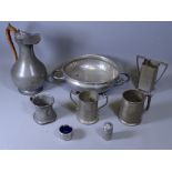 PEWTER WARE - a beaten pedestal bowl, claret jug ETC