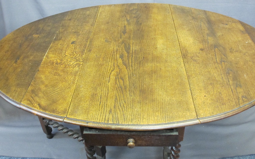 EARLY OAK BARLEY TWIST GATE-LEG DINING TABLE, twin-flap with single end drawer on barley twist - Image 2 of 2