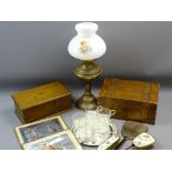 TREEN BOXES, oil lamp, dressing table items ETC