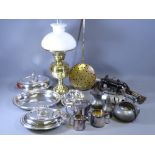 EPNS FOOD SERVERS, pewter, brass oil lamp, chestnut roaster and other metalware