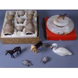 JAPANESE POTTERY SAKE SET, onyx ashtray, Beswick dog and swan ETC