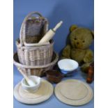 VINTAGE KITCHENALIA including pestle and mortar, chopping boards, wicker baskets ETC and a soft toy