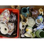 SLIPWARE, RELIEF MOULDED JUGS, vases, plates ETC (2 boxes)