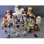 STAFFORDSHIRE FLATBACKS, dogs and an assortment of other pottery and china jugs ETC