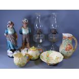 GLASS OIL LAMPS, a pair, plaster figures and miscellaneous pottery