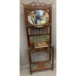 VINTAGE OAK MIRRORED HALL STAND with stained glass lower panel and central glove drawer, the drip