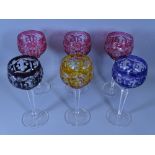 HOCK GLASSES, A HARLEQUIN SET OF SIX