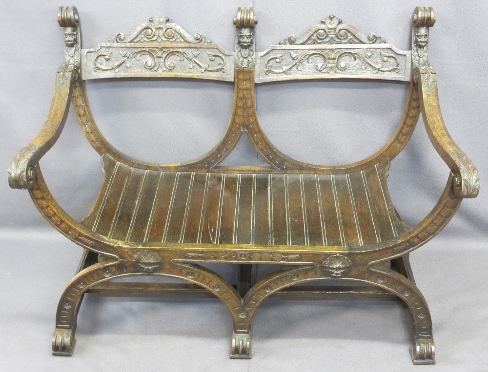 CONTINENTAL STYLE CARVED OAK DOUBLE BENCH with barrel type seat, the twin carved crest rail with - Image 2 of 3