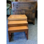 PRIORY STYLE OAK SIDEBOARD and a set of three mid-century teak occasional tables, 86cms H, 82.5cms