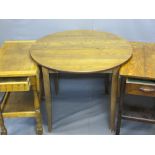 MODERN EXTENDING DINING TABLE & TWO VINTAGE OAK TEA TROLLEYS with end drawers, 74.5cms H, 91cms