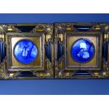 ROYAL DOULTON MARKED BLUE & WHITE PLAQUES in fancy gilt and ebonized frames, 34cms square in the