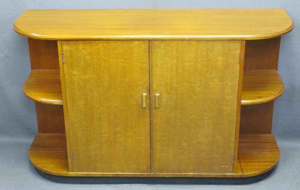 MID-CENTURY TEAK CURVED END SHELF SIDEBOARD with double central cupboard doors, interior drawer