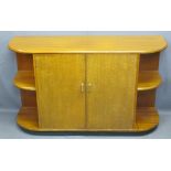 MID-CENTURY TEAK CURVED END SHELF SIDEBOARD with double central cupboard doors, interior drawer