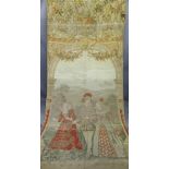 ANTIQUE STYLE TAPESTRY depicting three people in period style dress under a floral arch (colour