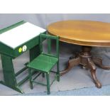 LATE VICTORIAN MAHOGANY TILT-TOP BREAKFAST TABLE and a vintage green painted child's desk and chair,