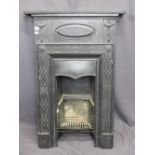 VICTORIAN CAST IRON BEDROOM FIRE SURROUND, 109cms H, 73cms max W, 20cms D including fire back