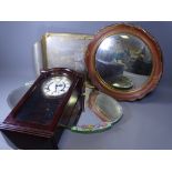 YELLOW METAL FANCY TRAY, MIRRORS & A WALL CLOCK